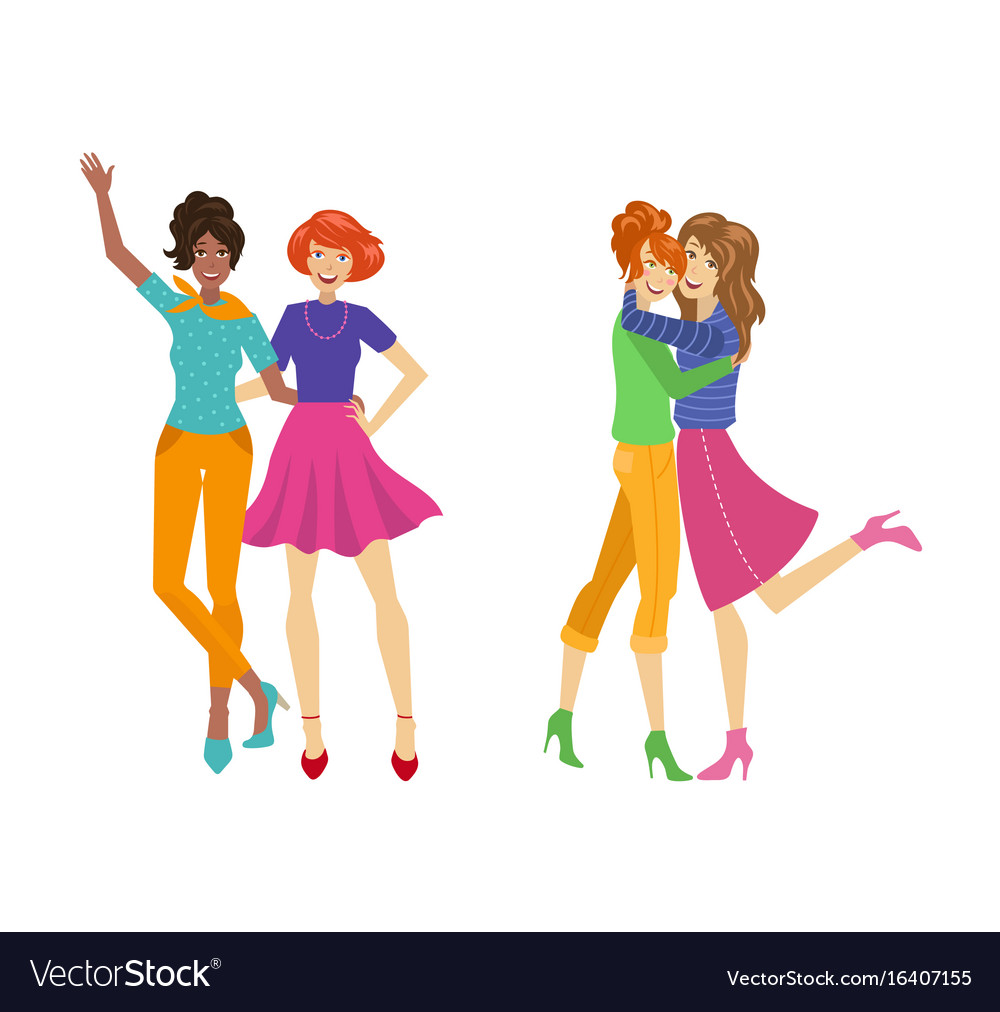 Girls characters hugging set flat isolated