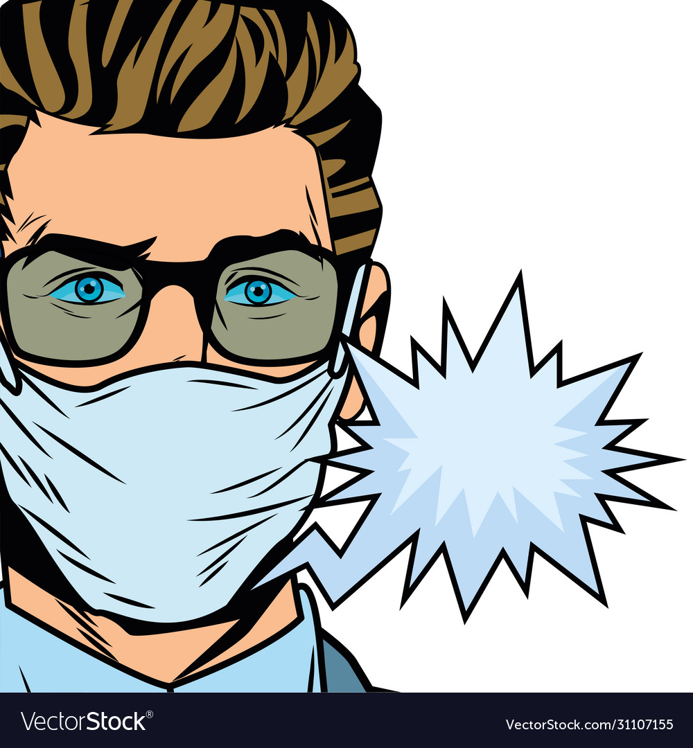 Man using face mask for covid19 with speech bubble vector image Man using face mask for covid19 with speech bubble