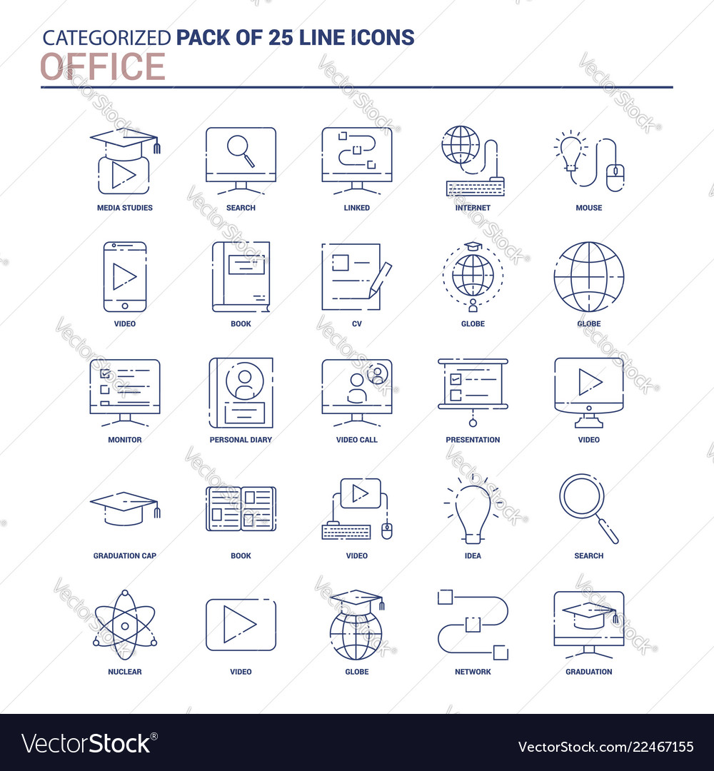 Vintage office icon set - 25 flat line