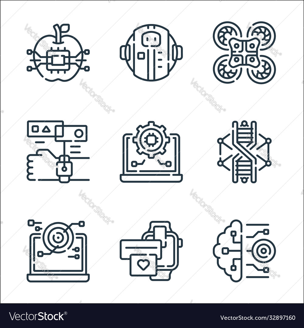 Robotics line icons linear set quality vector image Robotics line icons linear set quality