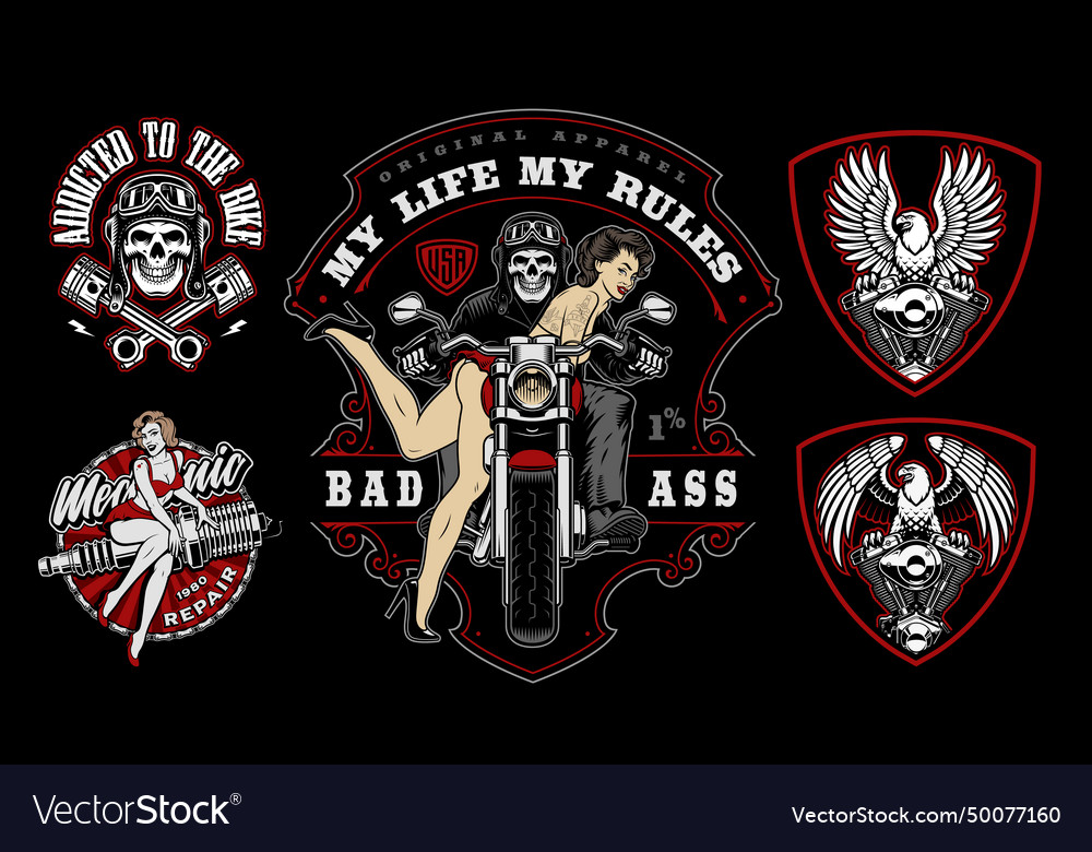 Set of biker themed designs in vintage style Vector Image