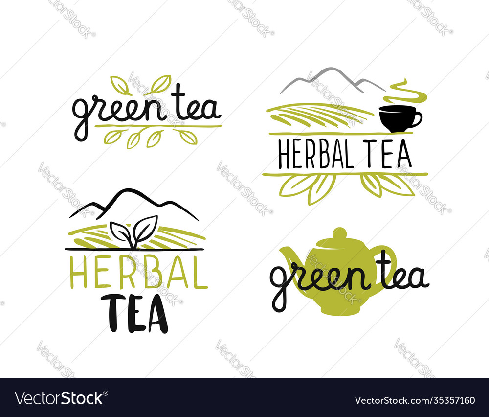 Tea emblems with text and leaves Royalty Free Vector Image