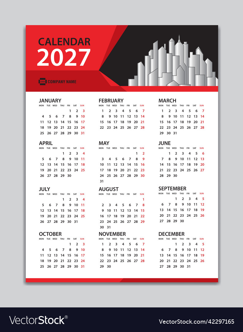 Calendar 2027 templatewall year Royalty Free Vector Image