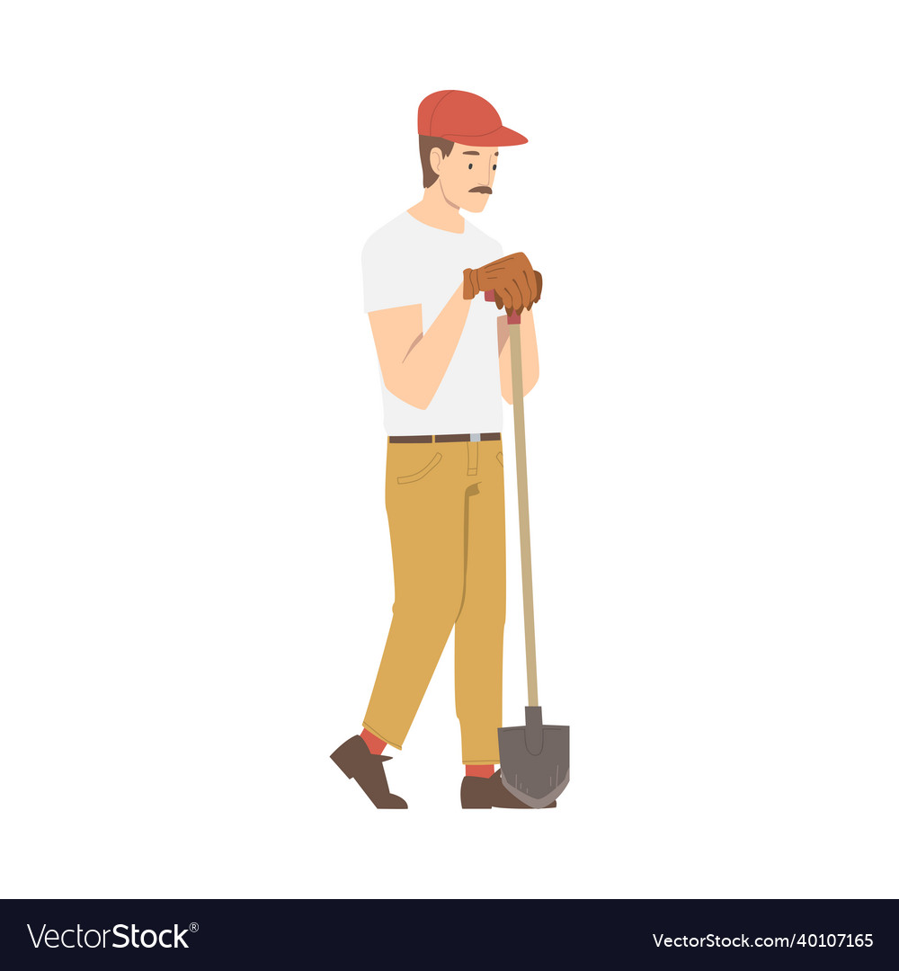 Moustached man archaeologist with shovel working