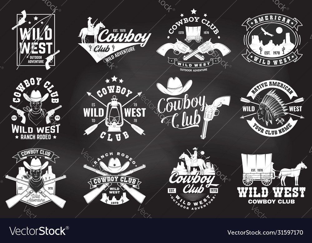 Set cowboy club badge on chalkboard Royalty Free Vector