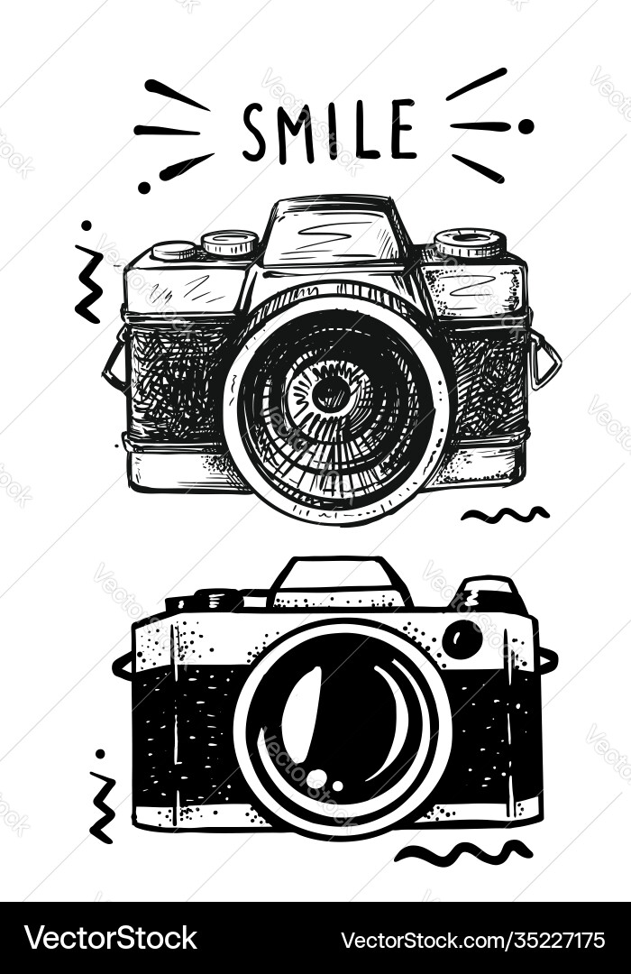 Digital photo camera drawn in sketch on white Vector Image