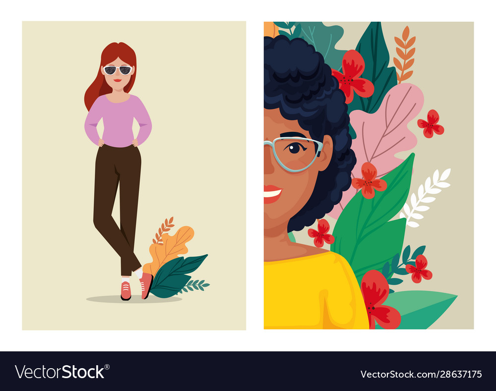 Group women with leafs tropicals avatar character