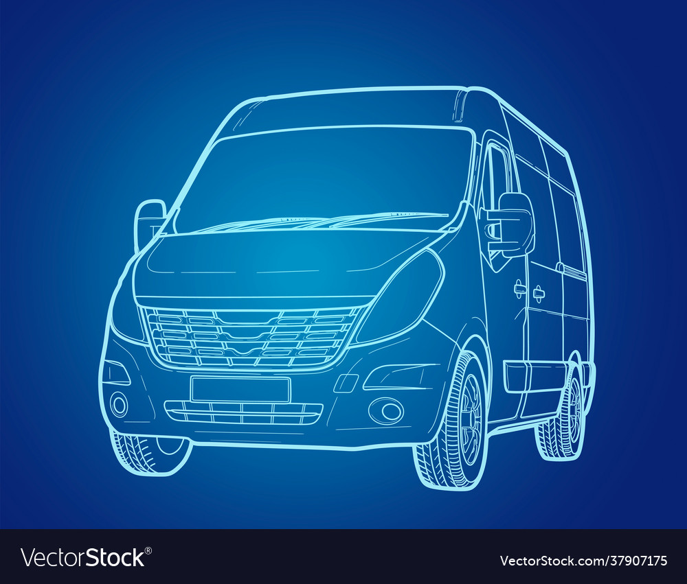 Modern minibus simple line technical draw vector image Modern minibus simple line technical draw