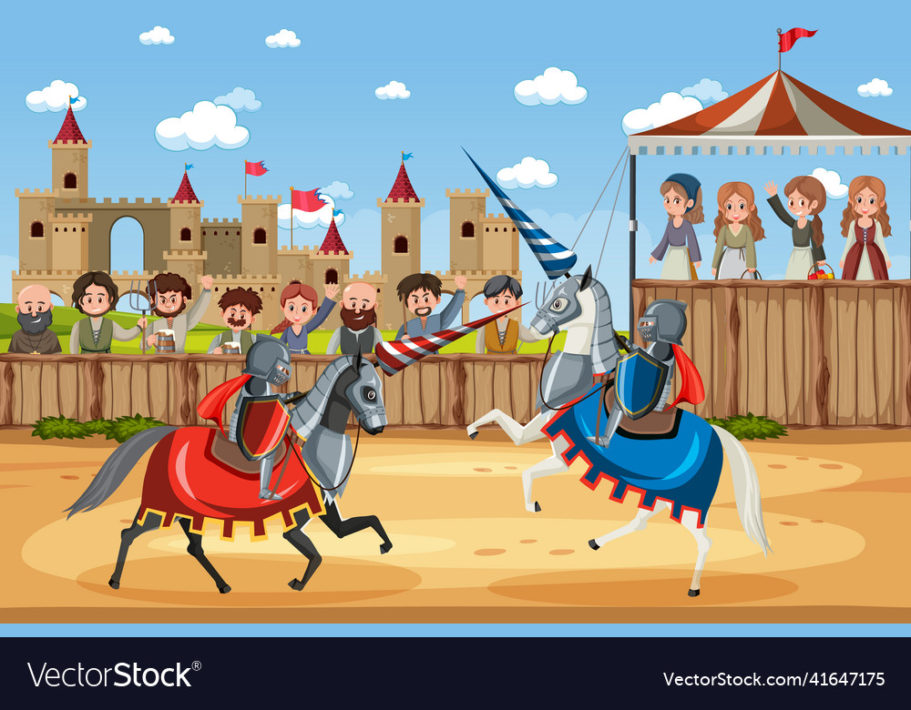 Outdoor scene with medieval knights villagers