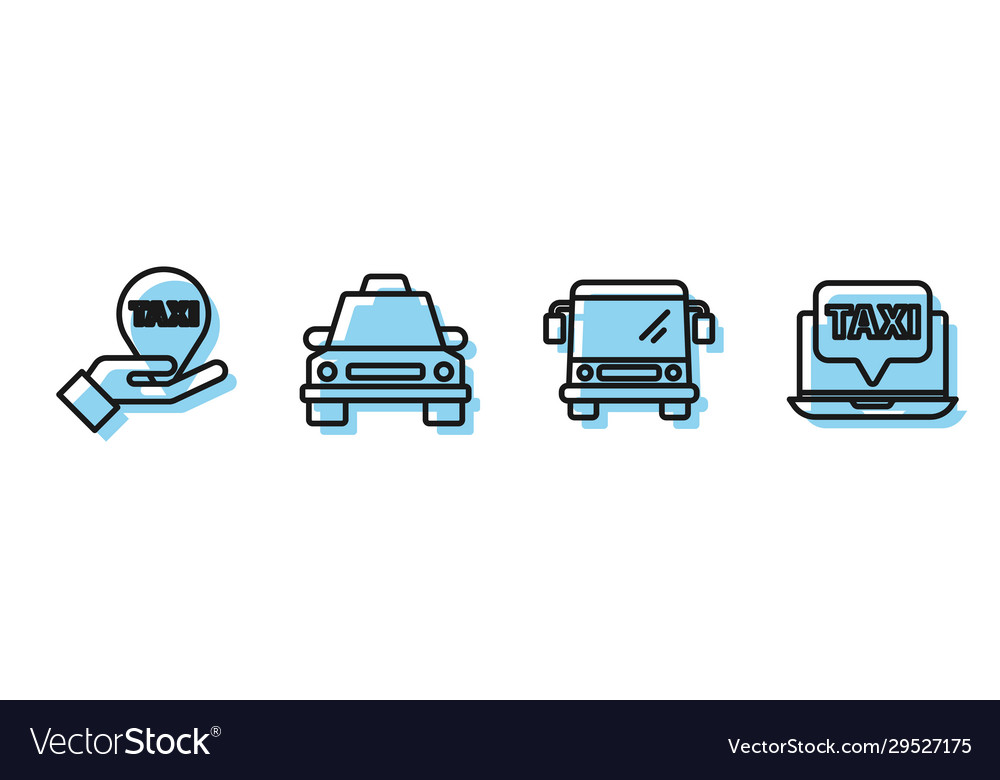 Set line bus hand on map pointer with taxi vector image Set line bus hand on map pointer with taxi