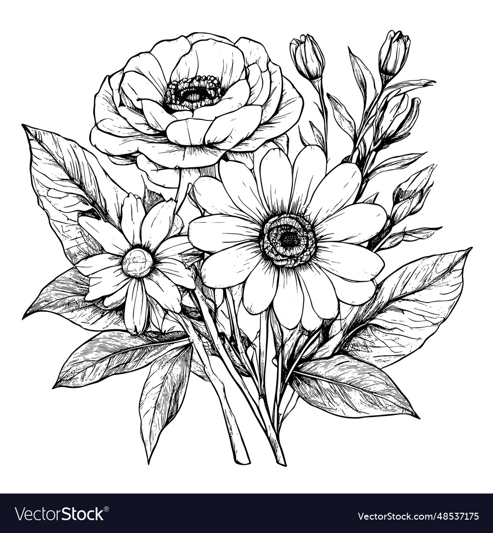 Sketch flowers pattern hand drawn ink Royalty Free Vector