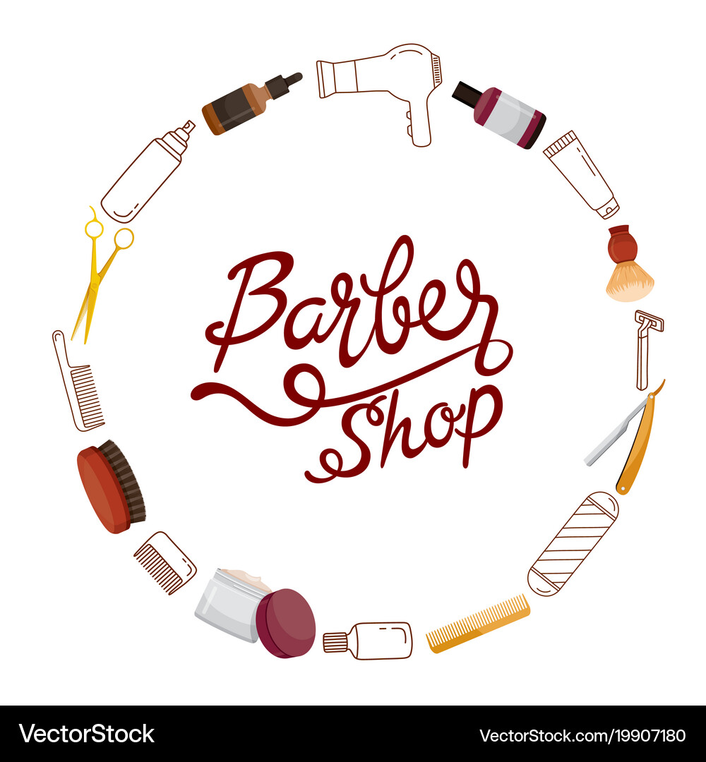Barber shop accessories on circle frame and Vector Image