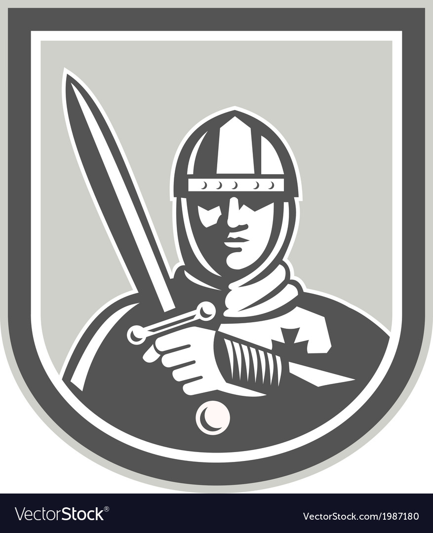 Crusader knight with sword front crest Royalty Free Vector