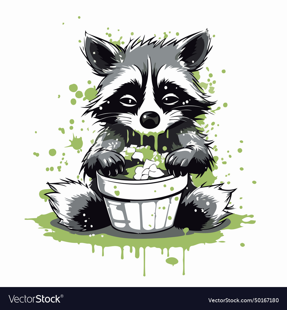 Cute raccoon with a bucket of water