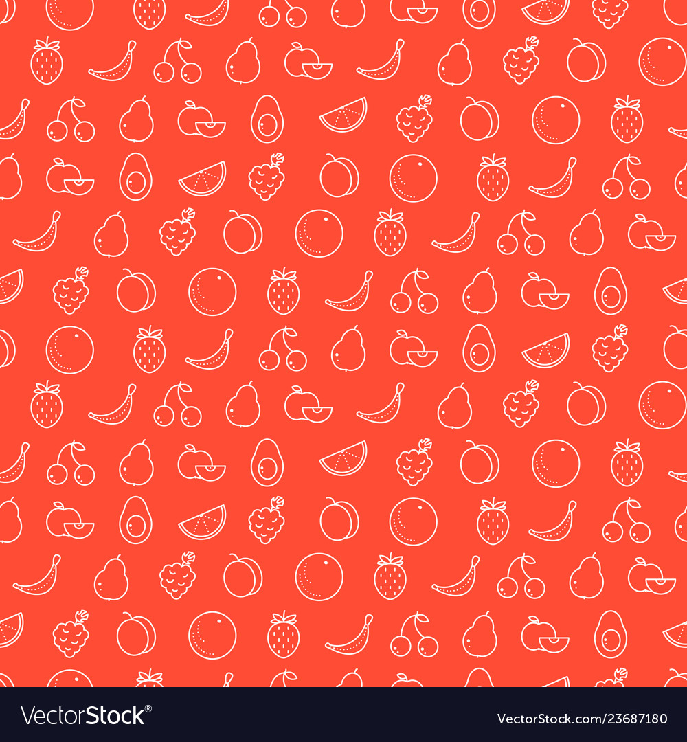 Fruits line icons red seamless pattern