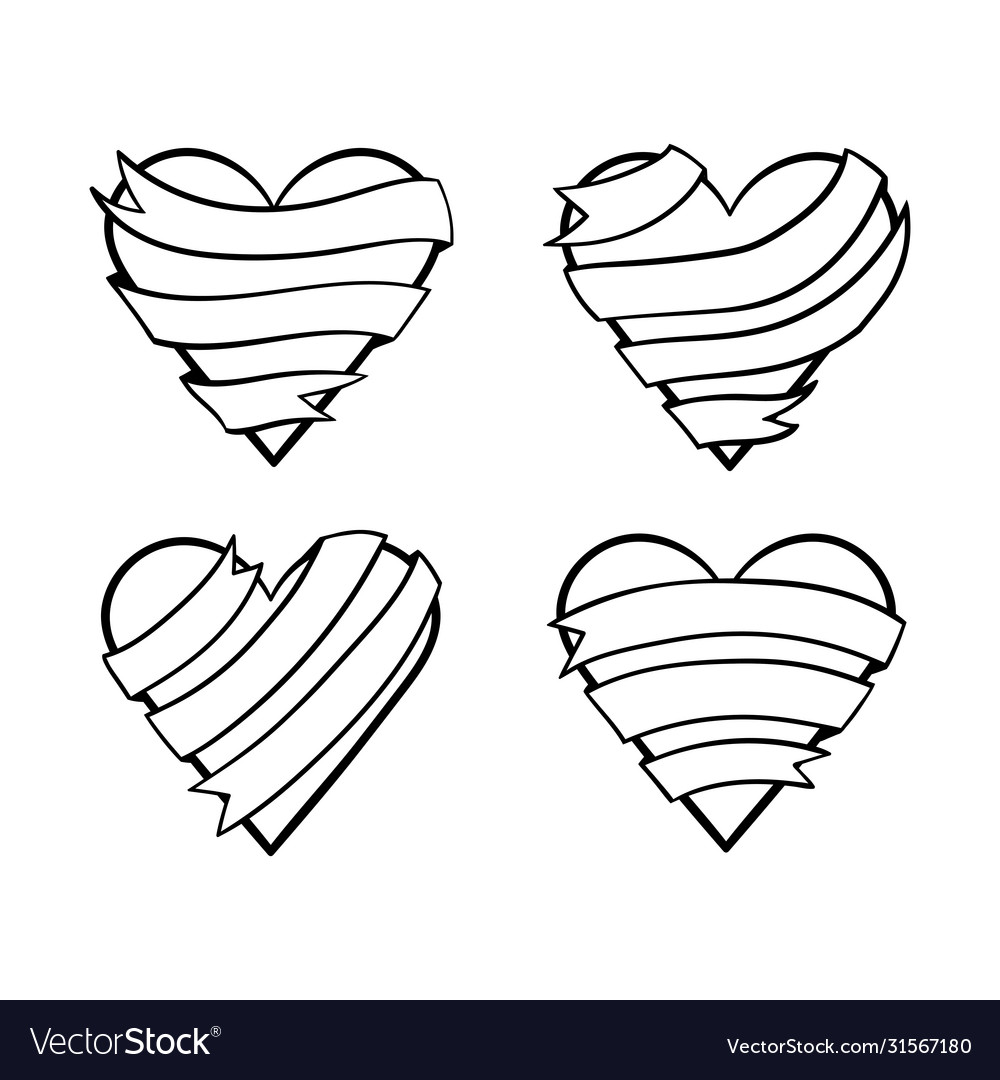 Hearts with ribbon banners outline 7