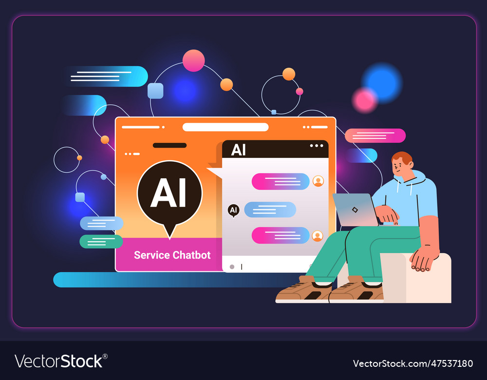 Man having dialog with chat bot asking questions Vector Image Man having dialog with chat bot asking questions