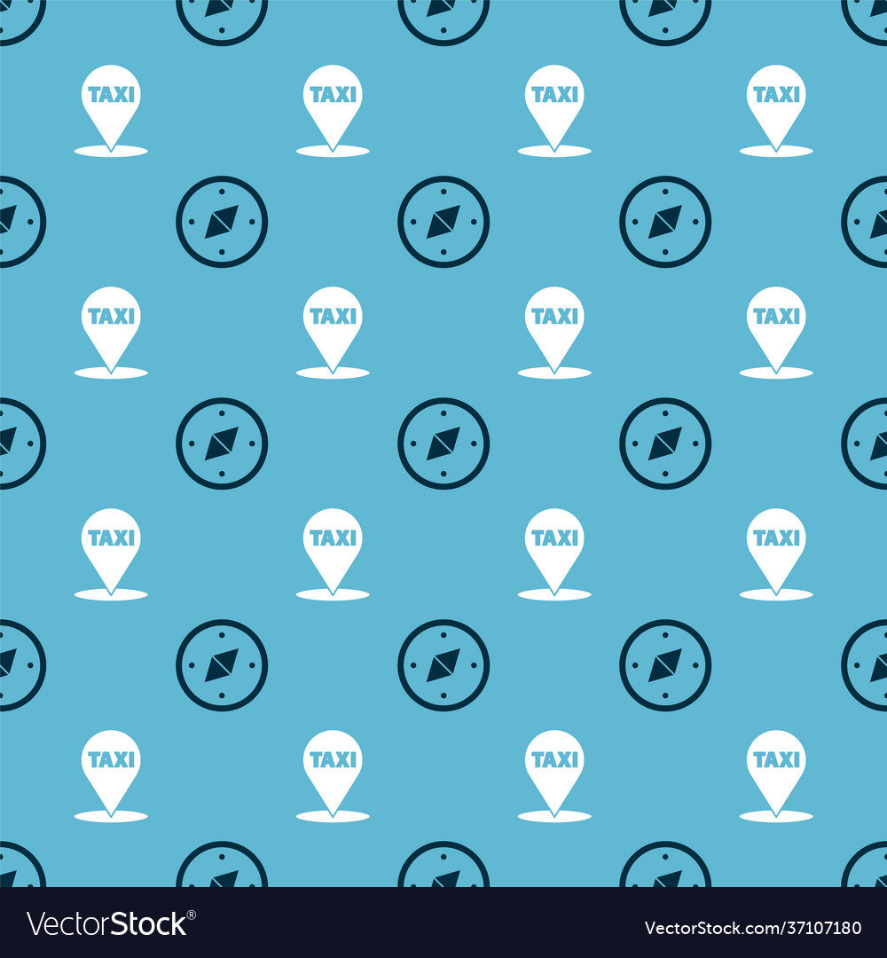 Set compass and map pointer with taxi on seamless vector image Set compass and map pointer with taxi on seamless