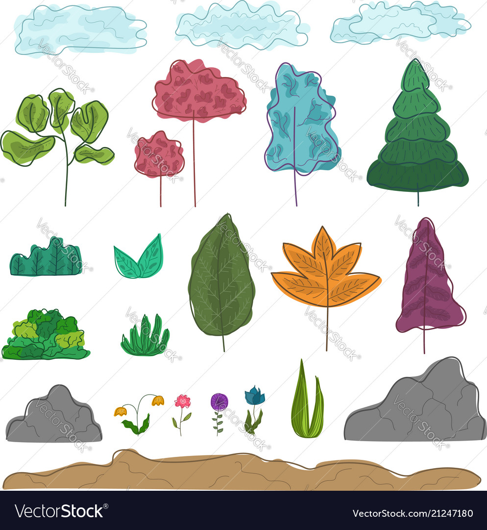 Set of colorful outline abstract trees grass vector image Set of colorful outline abstract trees grass