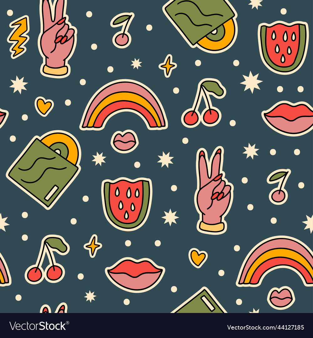 Cute cartoon groovy sticker seamless vector image Cute cartoon groovy sticker seamless
