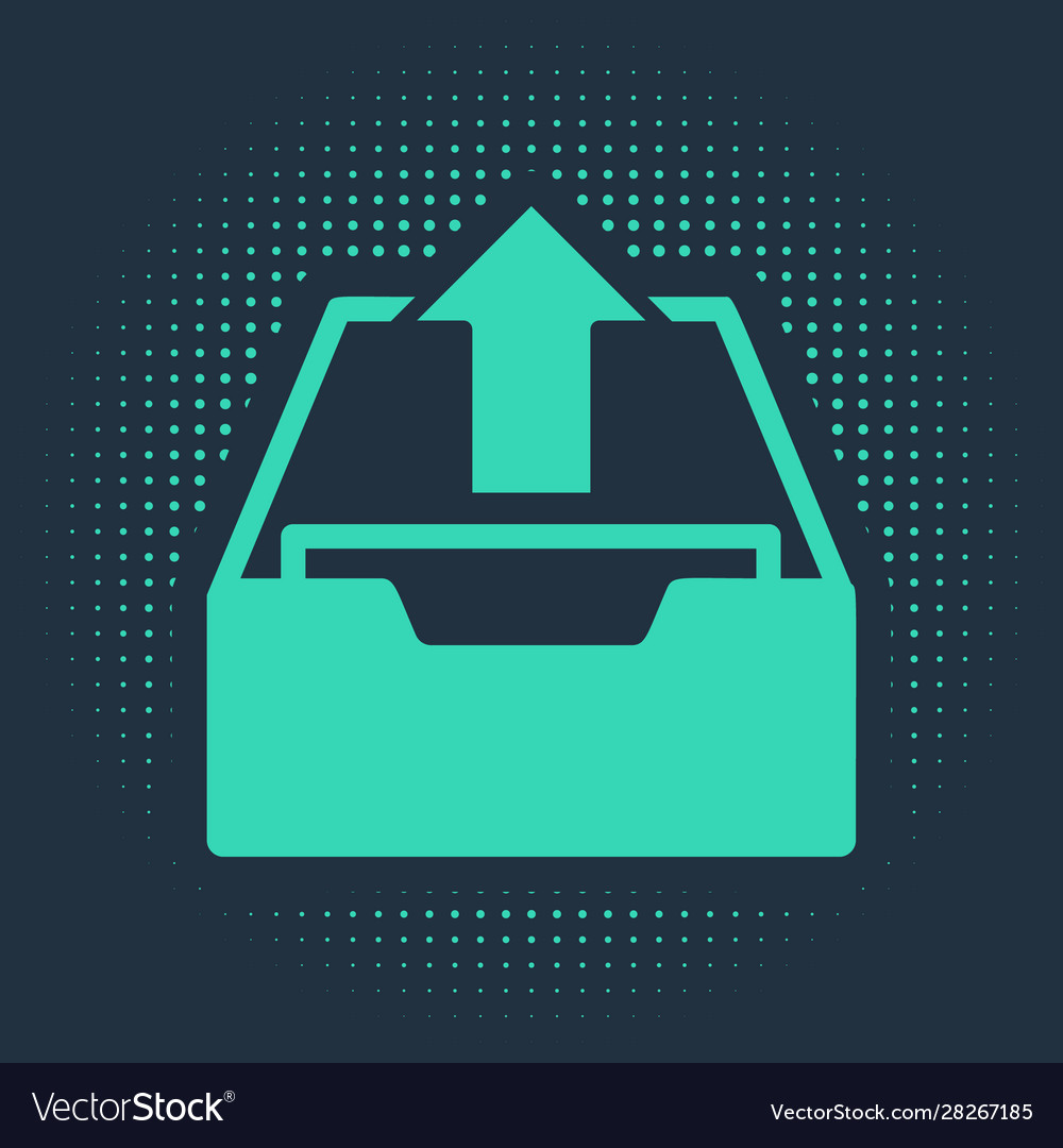 Green upload inbox icon isolated on blue