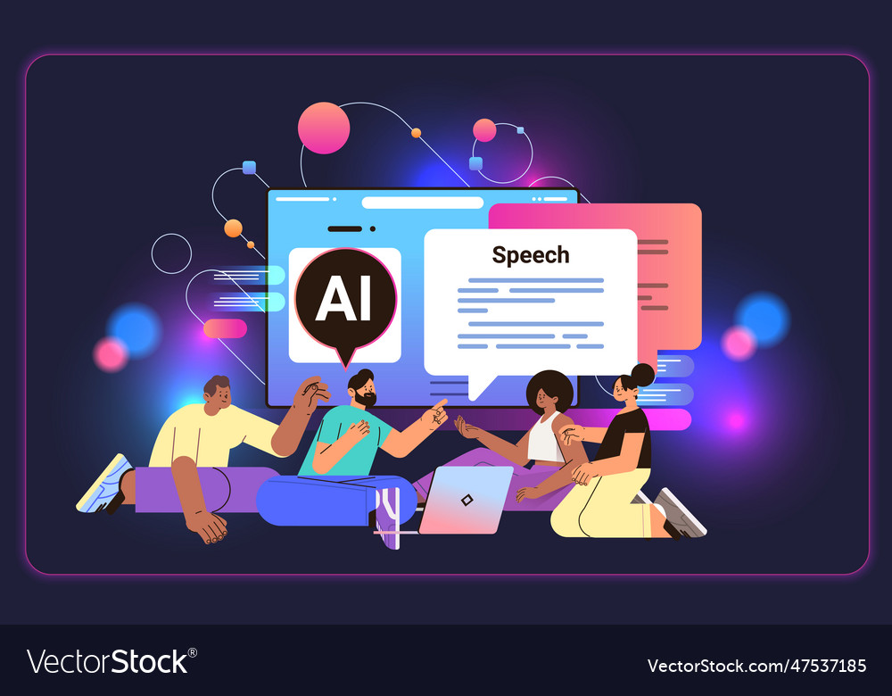 Mix race people chatting in computer app with ai vector image Mix race people chatting in computer app with ai
