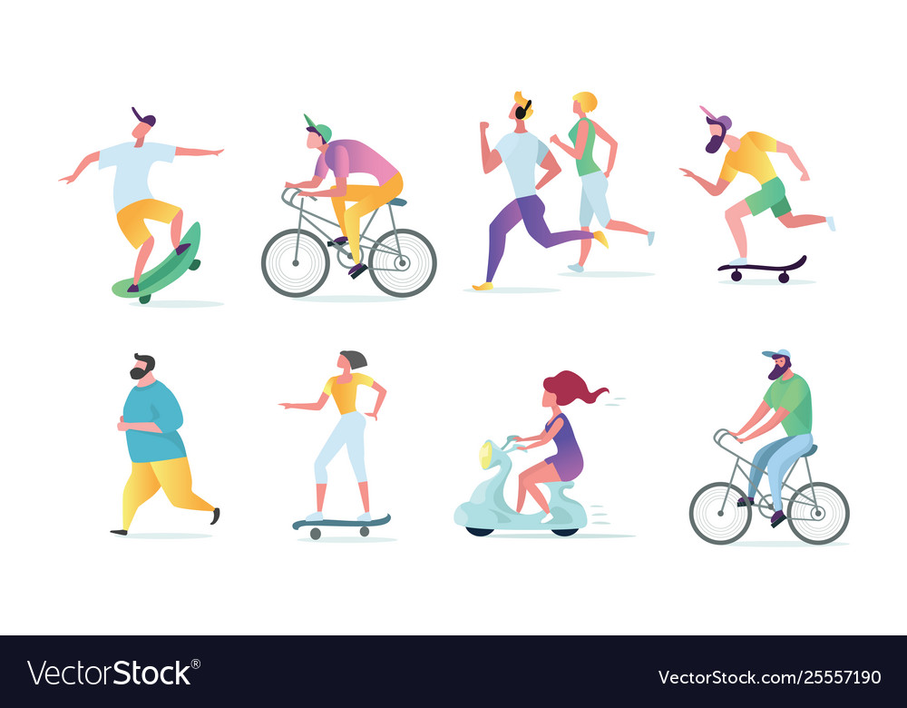 Man and woman characters running riding bicycle Vector Image