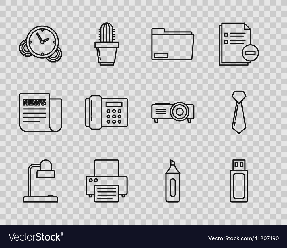 Set line table lamp usb flash drive document vector image Set line table lamp usb flash drive document