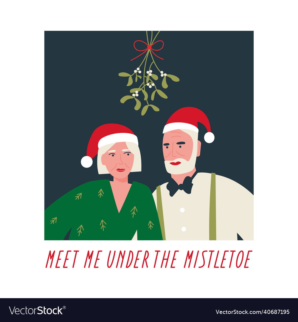 An elderly couple standing under the mistletoe