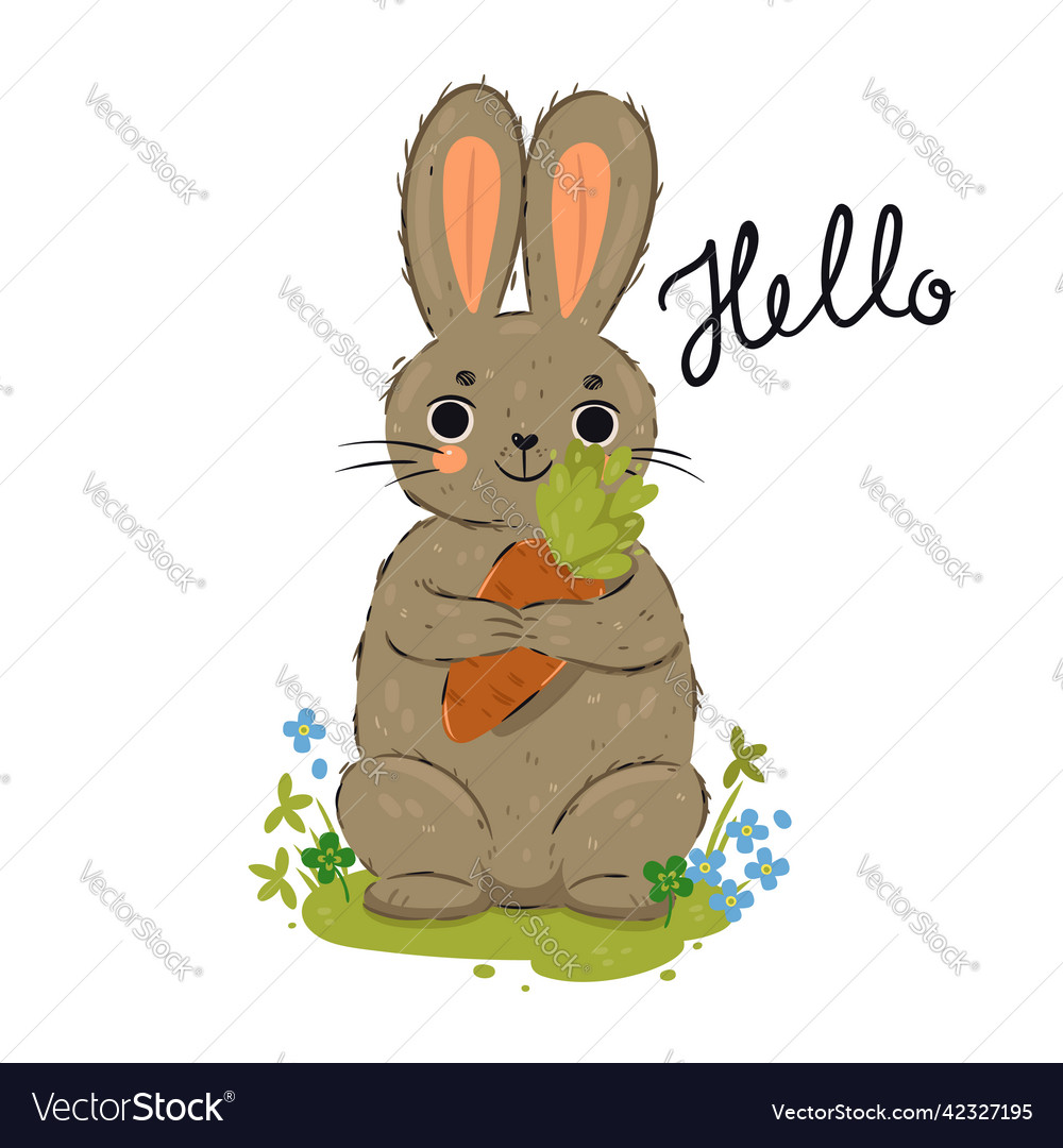 Cute rabbit holding a carrot isolated on white