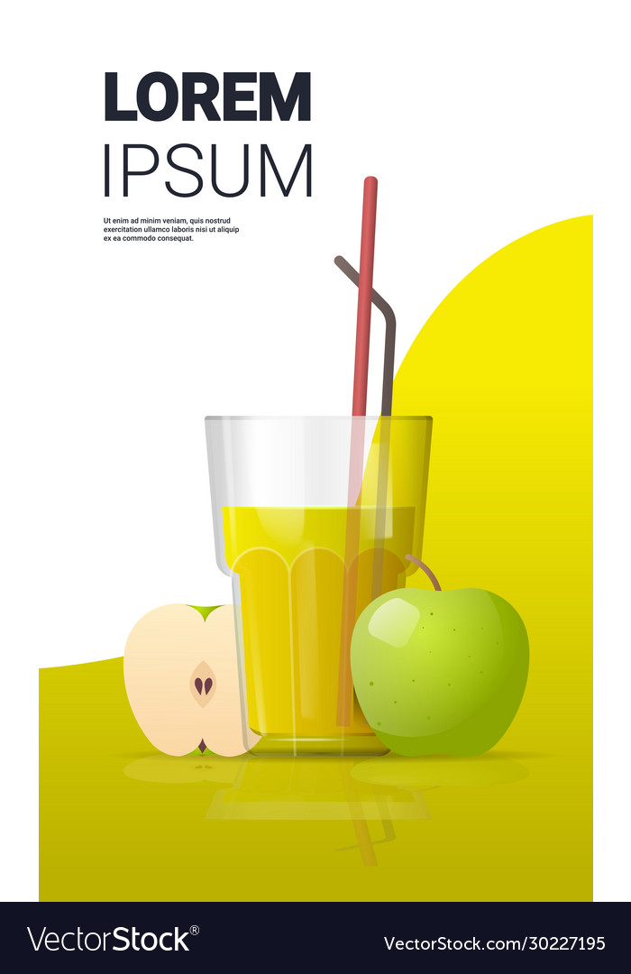 Glass fresh apple juice with straw and sliced