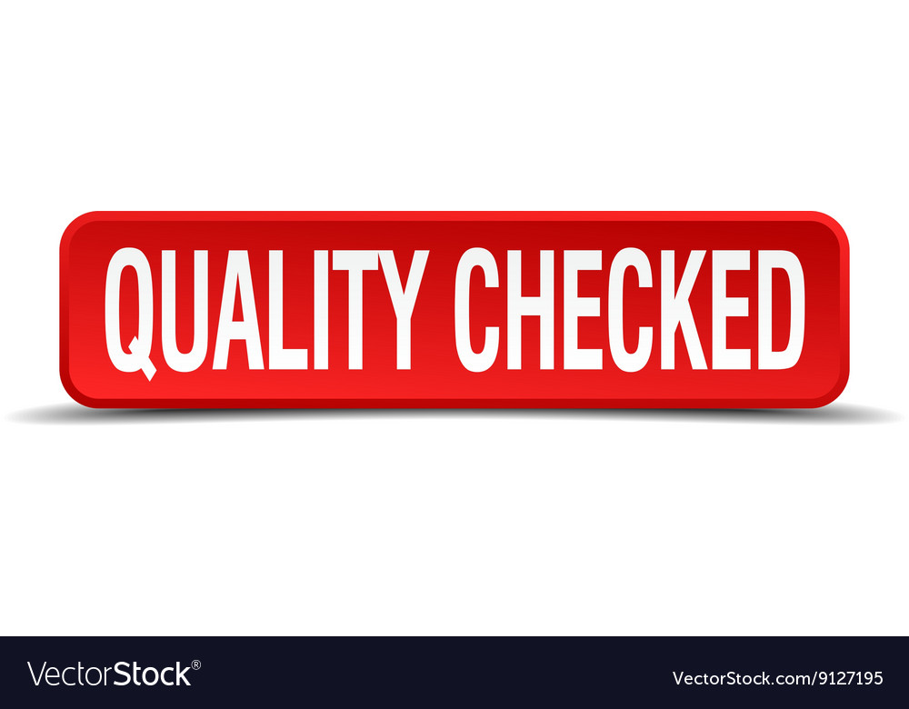 Quality checked red 3d square button isolated