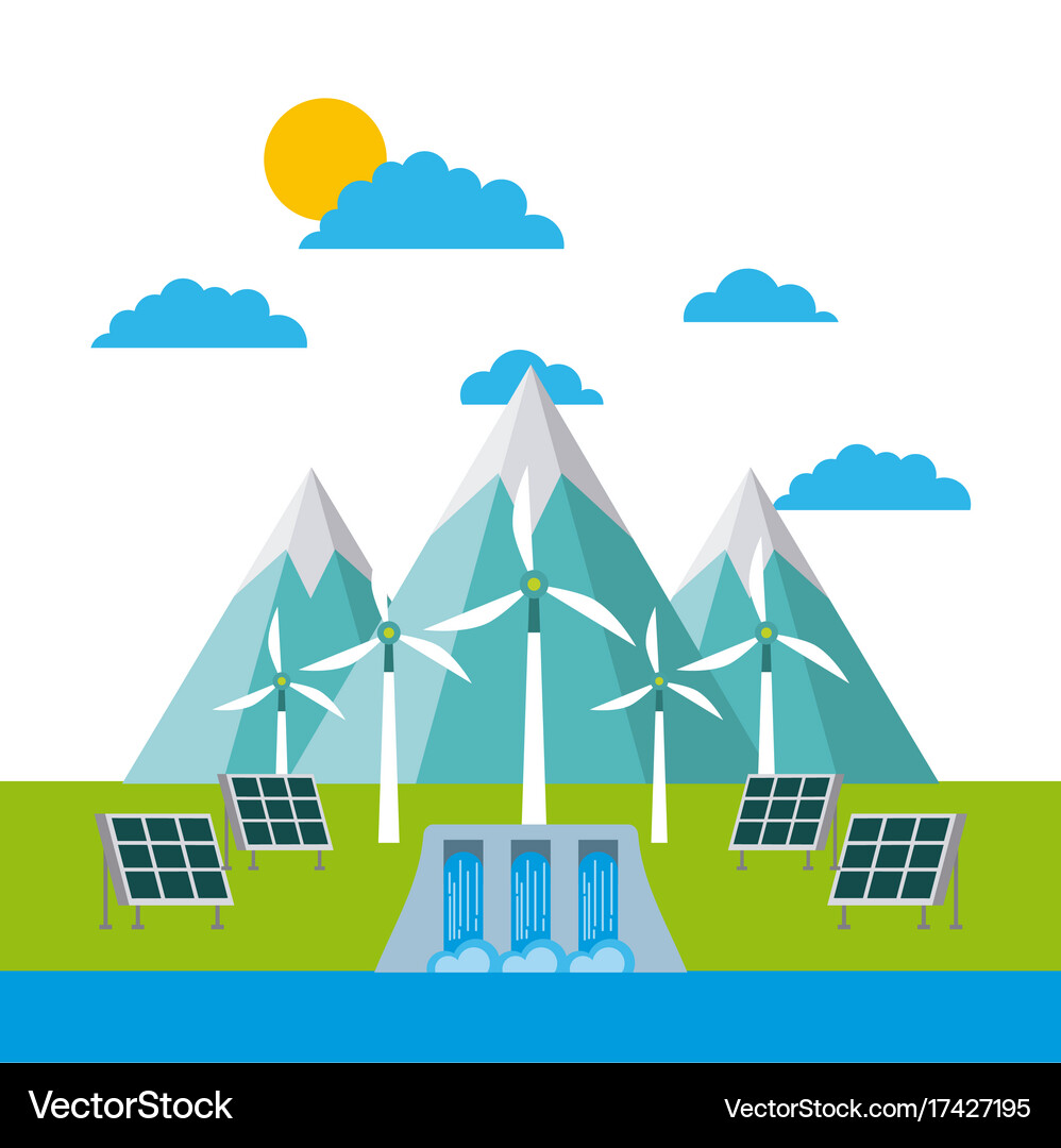 Solar panels and wind turbines in front Royalty Free Vector