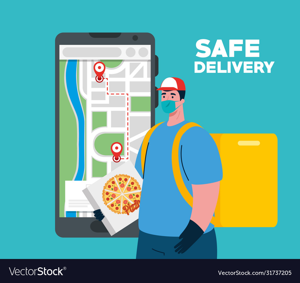 Delivery man with mask pizza box and gps marks