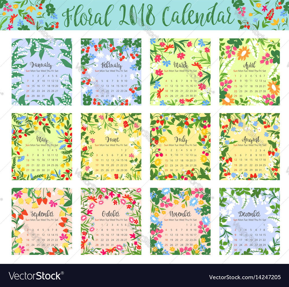 Floral calendar with wild flower and berry frame Vector Image