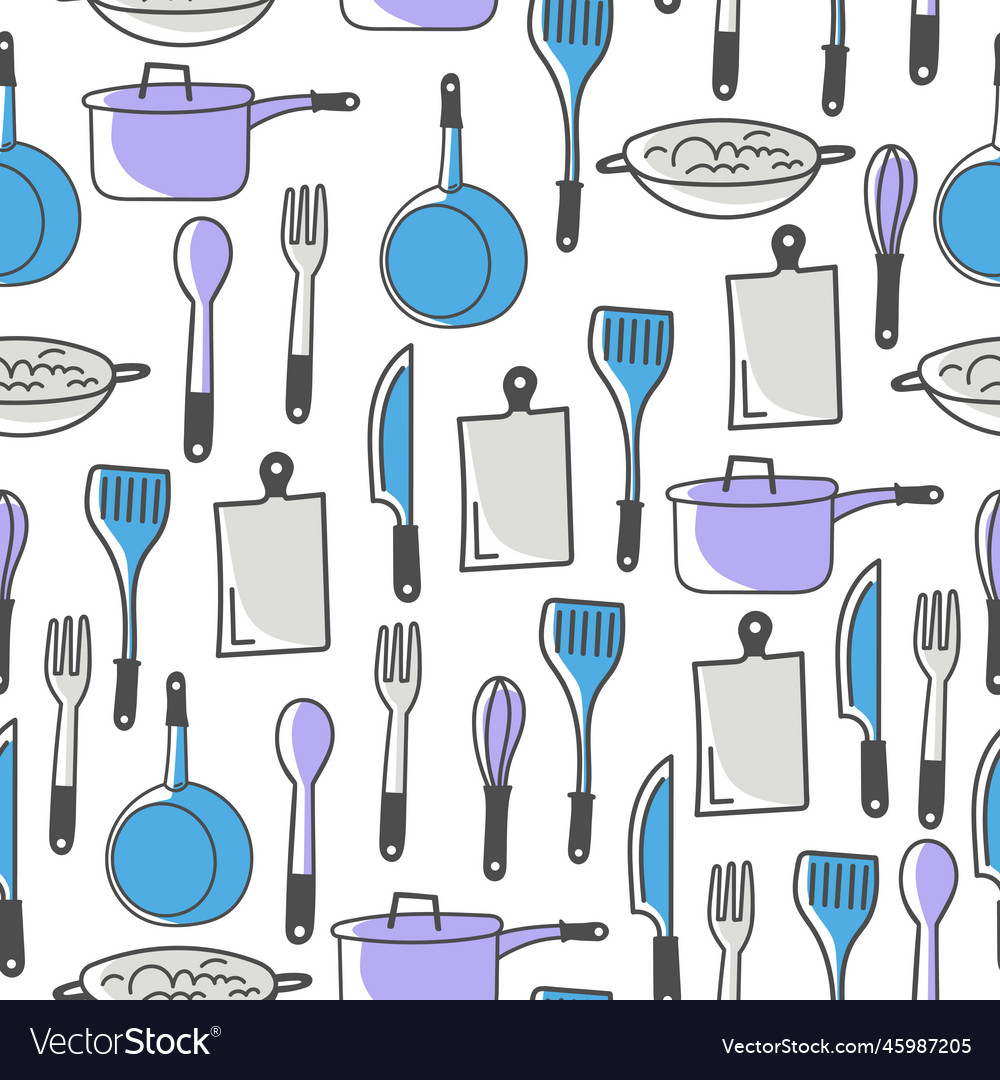 Kitchen utensil and appliance cartoon seamless