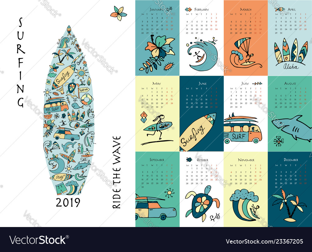 Surf school calendar 2019 design Royalty Free Vector Image