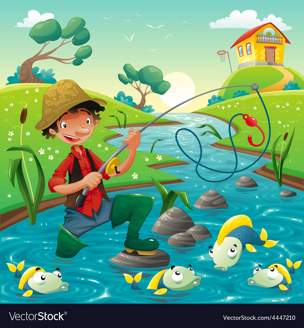 Cartoon scene with fisherman and fish Royalty Free Vector
