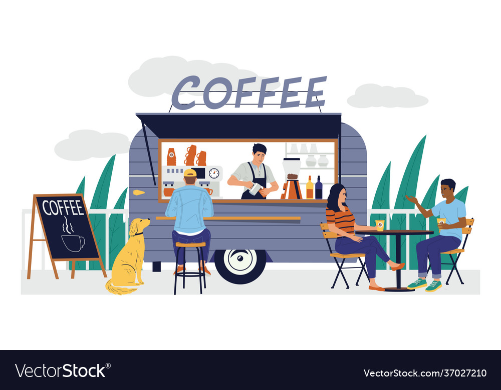 Coffee Shop Cartoon Street Cafe In Van Trailer Vector Image