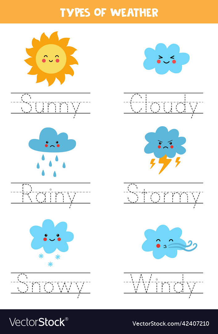 Tracing names of weather types writing practice Vector Image