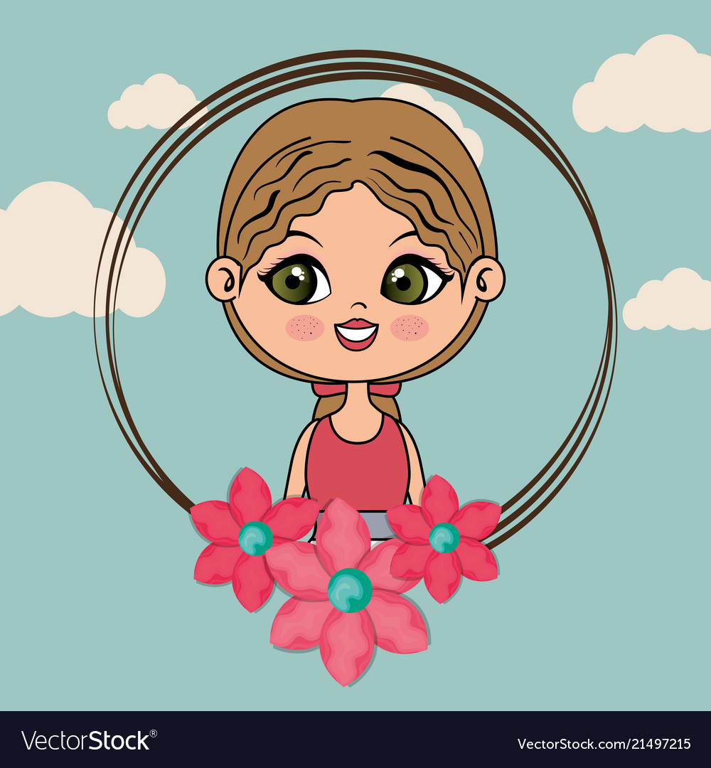 Beautiful girl with floral frame kawaii character