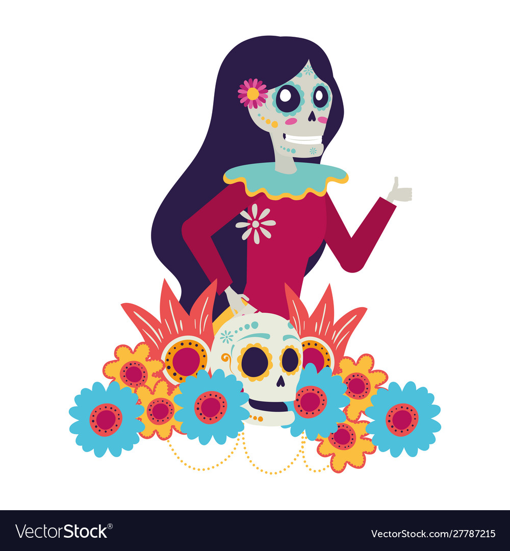 Katrina skull with floral hair decoration comic Vector Image