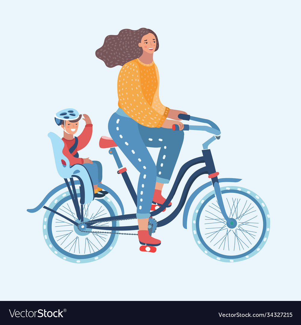 Young woman riding a bicycle with her cute baby