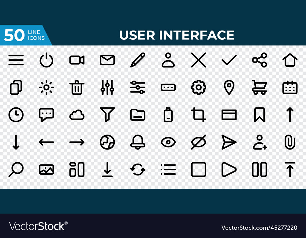 Set of 50 user interface icons in line style menu vector image Set of 50 user interface icons in line style menu