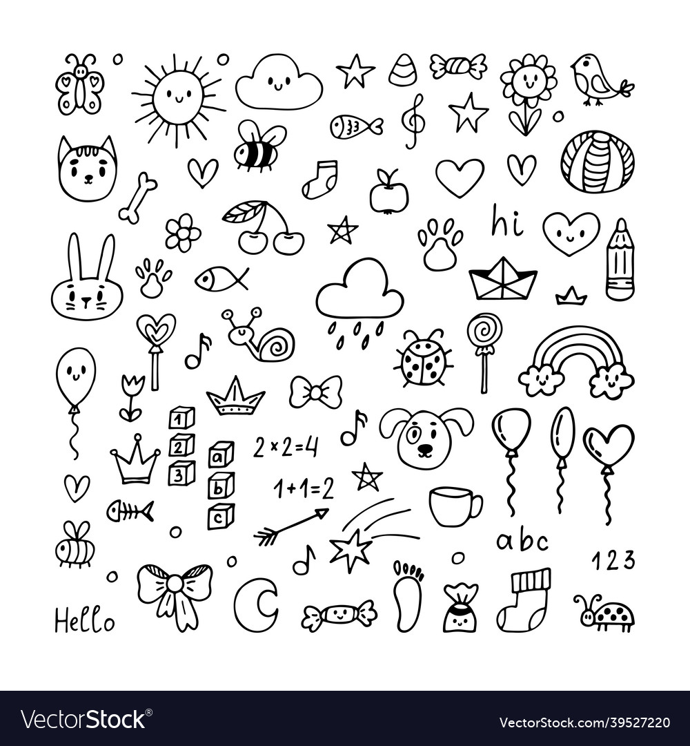 Set Of Hand Drawn Elements Cute Doodle Art Vector Image