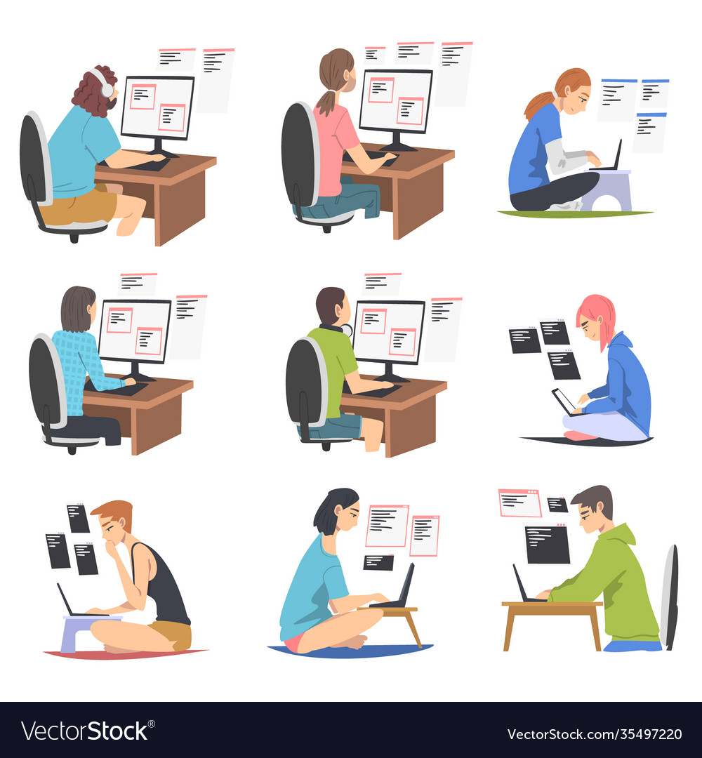 Softwareentwickler oder Programmierer die in der Kodierung tätig sind vector image Softwareentwickler oder Programmierer die in der Kodierung tätig sind