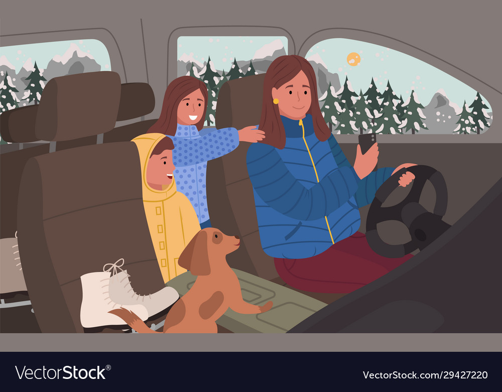 Woman drive vehicle family trip winter vacation Vector Image