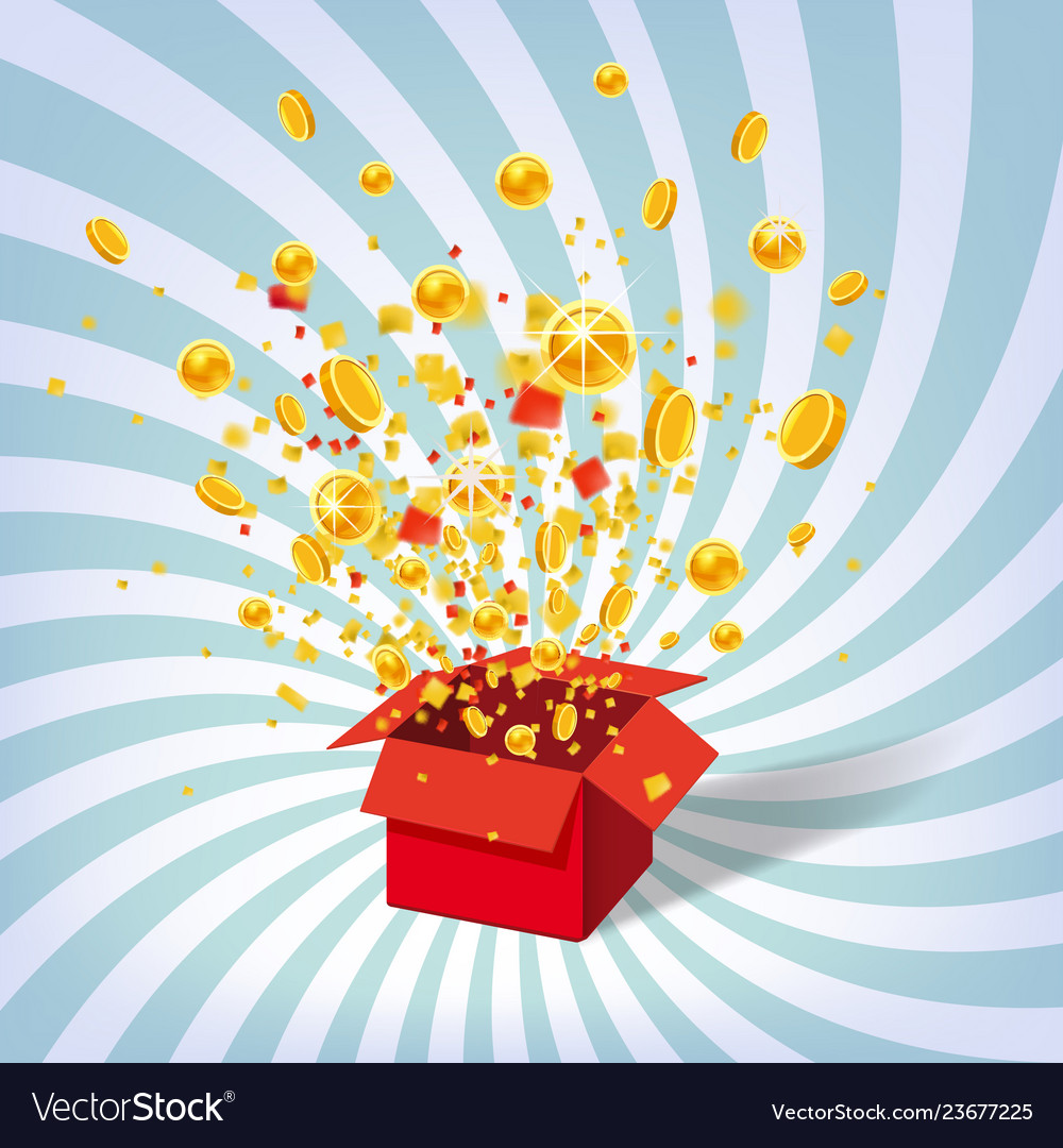 Box with coins exploision blast open red gift vector image Box with coins exploision blast open red gift