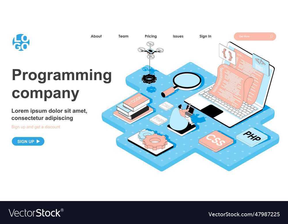 Programming company isometric concept programmer Vector Image Programming company isometric concept programmer