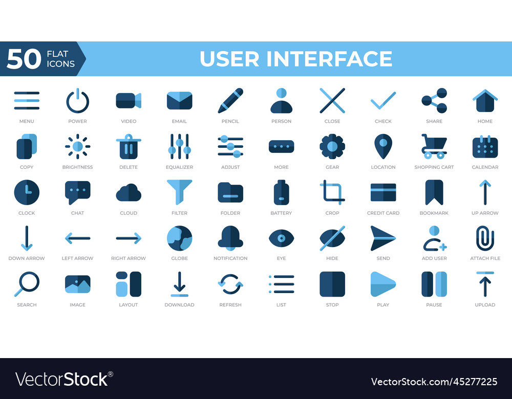 Set of 50 user interface icons in flat style menu vector image Set of 50 user interface icons in flat style menu